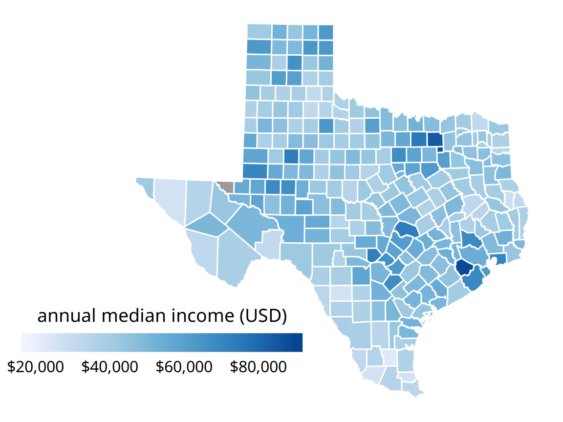 Median annual income in Texas counties. The highest median incomes are seen in major Texas metropolitan areas, in particular near Houston and Dallas. No median income estimate is available for Loving County in West Texas and therefore that county is shown in gray. Data source: 2015 Five-Year American Community Survey