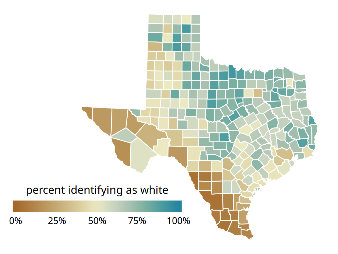 Percentage of people identifying as white in Texas counties. Whites are in the majority in North and East Texas but not in South or West Texas. Data source: 2010 Decennial U.S. Census