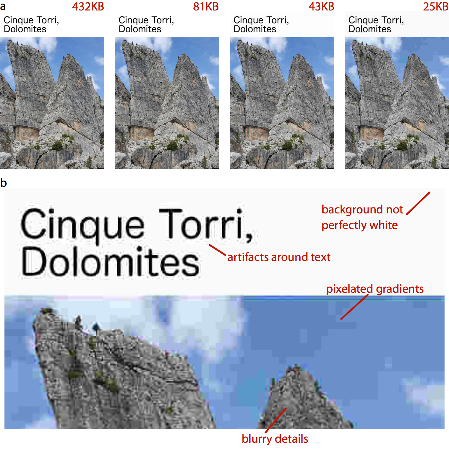 Illustration of jpeg artifacts. (a) The same image is reproduced multiple times using increasingly severe jpeg compression. The resulting file size is shown in red text above each image. A reduction in file size by a factor of 10, from 432KB in the original image to 43KB in the compressed image, results in only minor perceptible reduction in image quality. However, a further reduction in file size by a factor of 2, to a mere 25KB, leads to numerous visible artifacts. (b) Zooming in to the most highly compressed image reveals the various compression artifacts. Photo credit: Claus O. Wilke