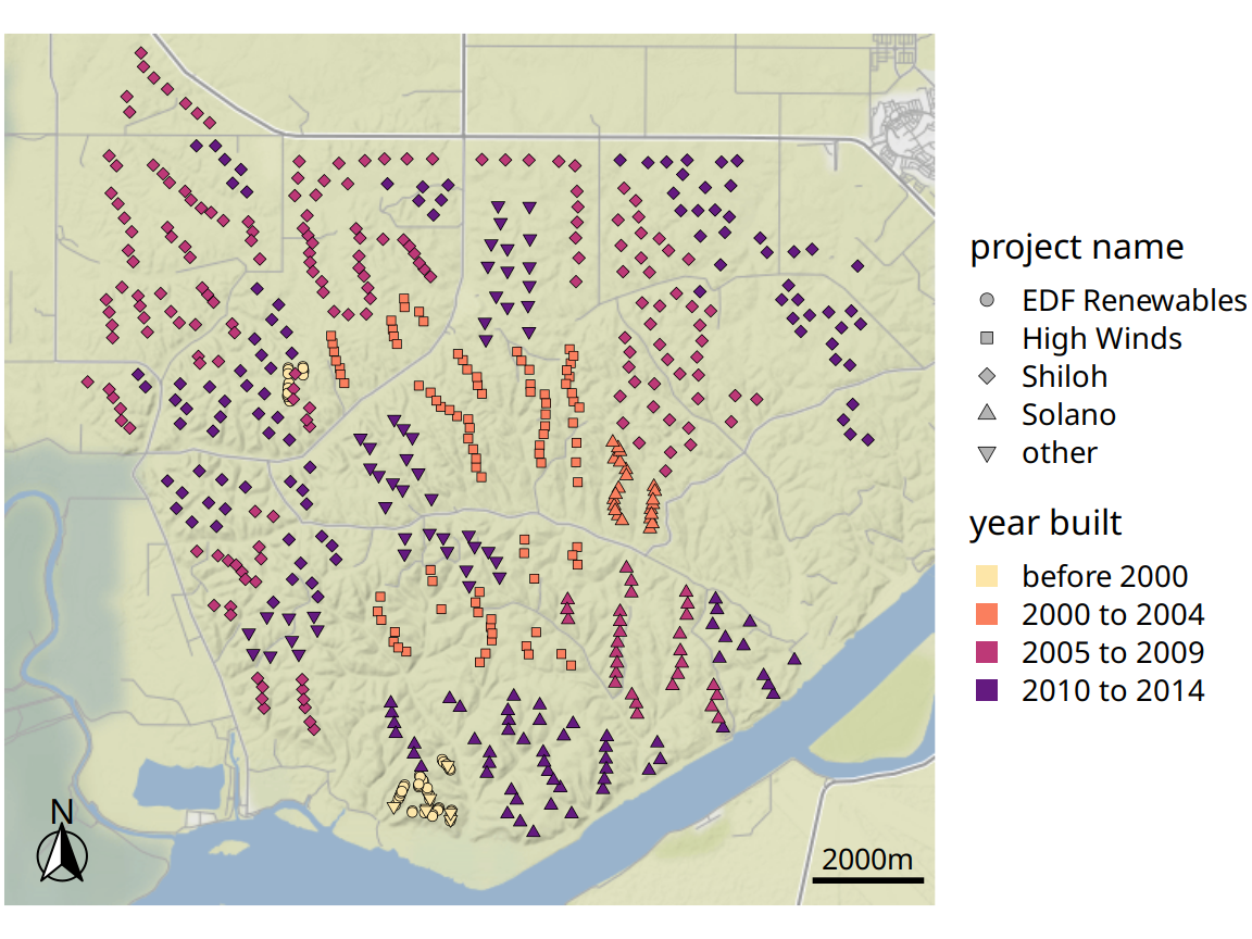 Location of individual wind turbines in the Shiloh Wind Farm. Each dot highlights the location of one wind turbine. The map area corresponds to the rectangle in Figure 15.8. Dots are colored by when the wind turbine was built, and the shape of the dots represents the various projects to which the individual wind turbines belong. Map tiles by Stamen Design, under CC BY 3.0. Map data by OpenStreetMap, under ODbL. Wind turbine data source: United States Wind Turbine Database