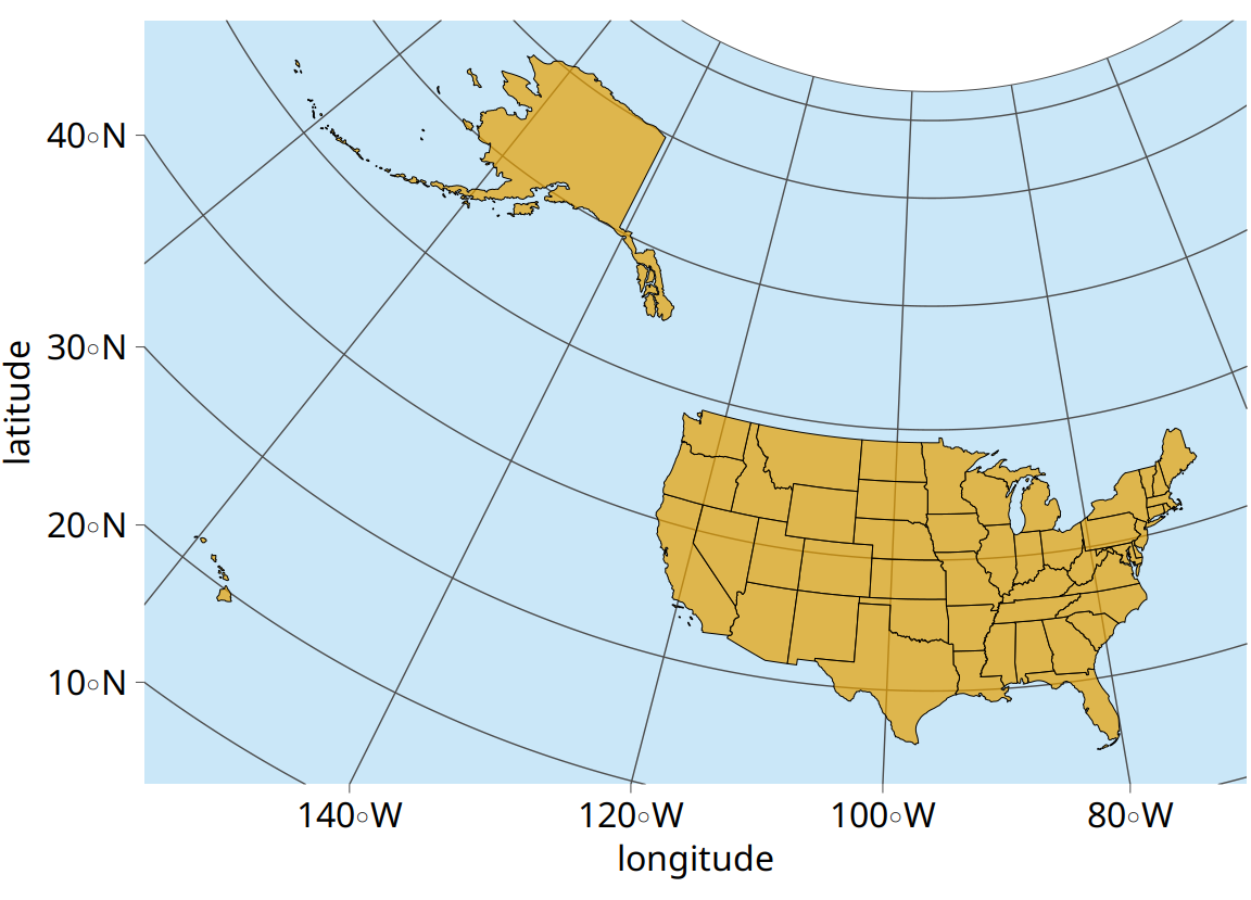 Map of the United States of America, using an area-preserving Albers projection (ESRI:102003, commonly used to project the lower 48 states). Alaska and Hawaii are shown in their true locations.