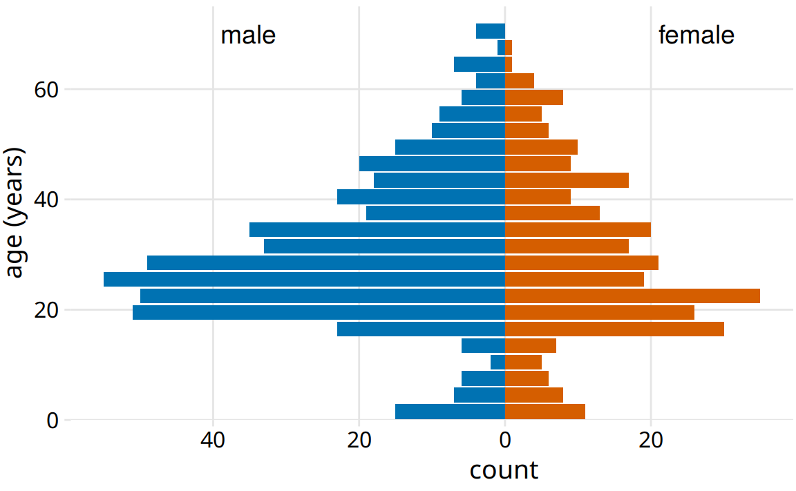 The age distributions of male and female Titanic passengers visualized as an age pyramid.