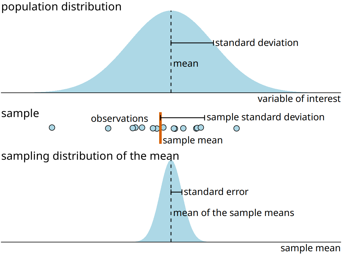 Key concepts of statistical sampling. The variable of interest that we are studying has some true distribution in the population, with a true population mean and standard deviation. Any finite sample of that variable will have a sample mean and standard deviation that differ from the population parameters. If we sampled repeatedly and calculated a mean each time, then the resulting means would be distributed according to the sampling distribution of the mean. The standard error provides information about the width of the sampling distribution, which informs us about how precisely we are estimating the parameter of interest (here, the population mean).