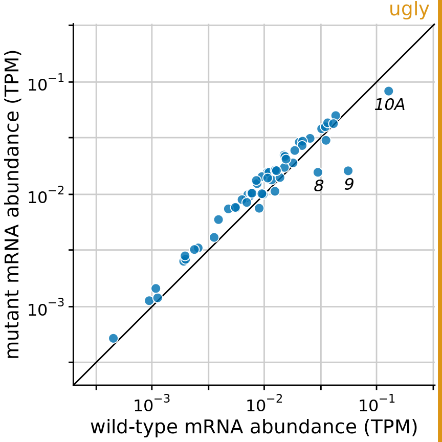 Gene expression levels in a mutant bacteriophage T7 relative to wild-type. This figure combines the background grid from Figure 23.14 with the diagonal line from Figure 23.13. In my opinion, this figure is visually too busy compared to Figure 23.13, and I would prefer Figure 23.13. Data source: Paff et al. (2018)