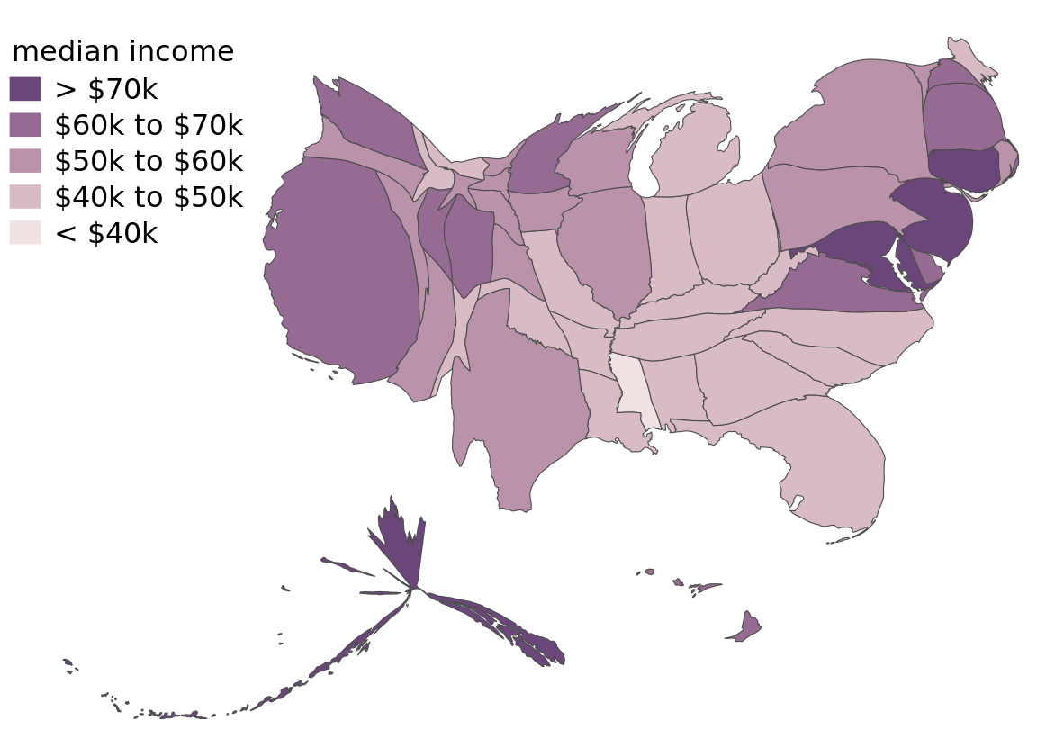 Median income in every U.S. state, shown as a cartogram. The shapes of individual states have been modified such that their area is proportional to their number of inhabitants. Data source: 2015 Five-Year American Community Survey