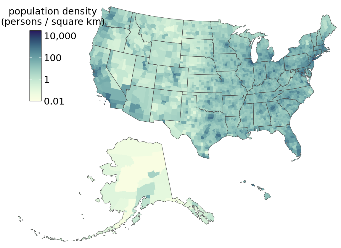 Population density in every U.S. county, shown as a choropleth map. Population density is reported as persons per square kilometer. Data source: 2015 Five-Year American Community Survey