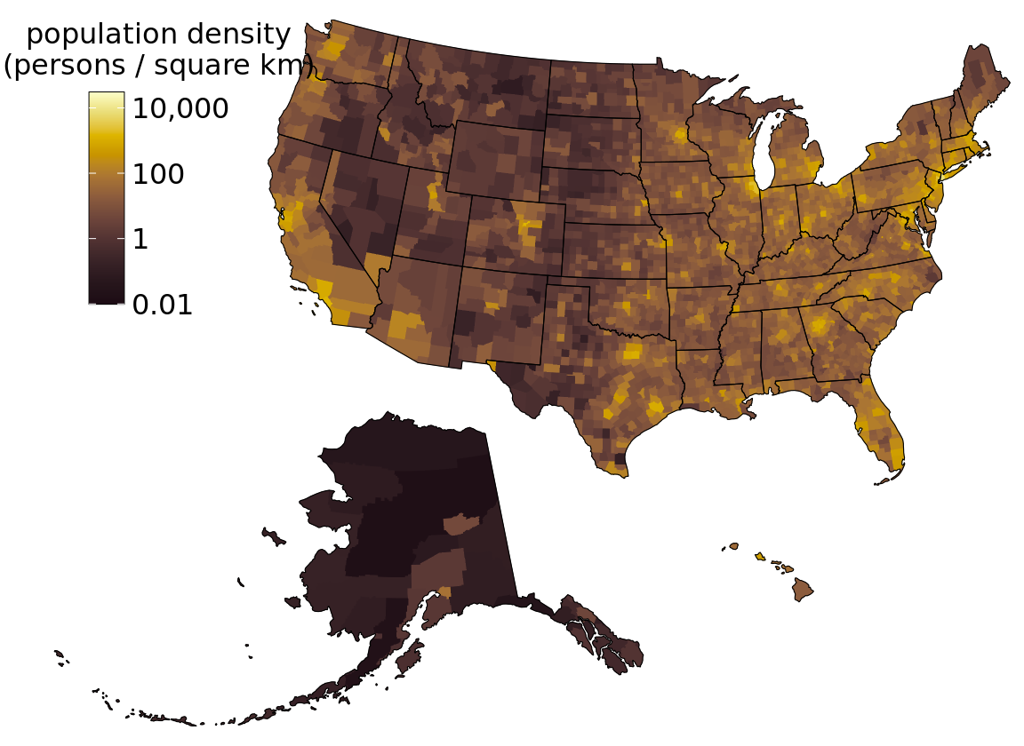 Population density in every U.S. county, shown as a choropleth map. This map is identical to Figure 15.11 except that now the color scale uses light colors for high population densities and dark colors for low population densities. Data source: 2015 Five-Year American Community Survey