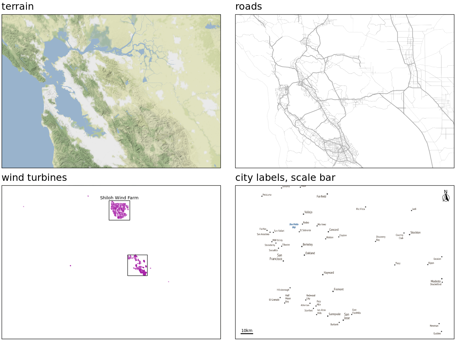 The individual layers of Figure 15.8. From bottom to top, the figure consists of a terrain layer, a roads layer, a layer showing the wind turbines, and a layer labeling cities and adding a scale bar and north arrow. Map tiles by Stamen Design, under CC BY 3.0. Map data by OpenStreetMap, under ODbL. Wind turbine data source: United States Wind Turbine Database 