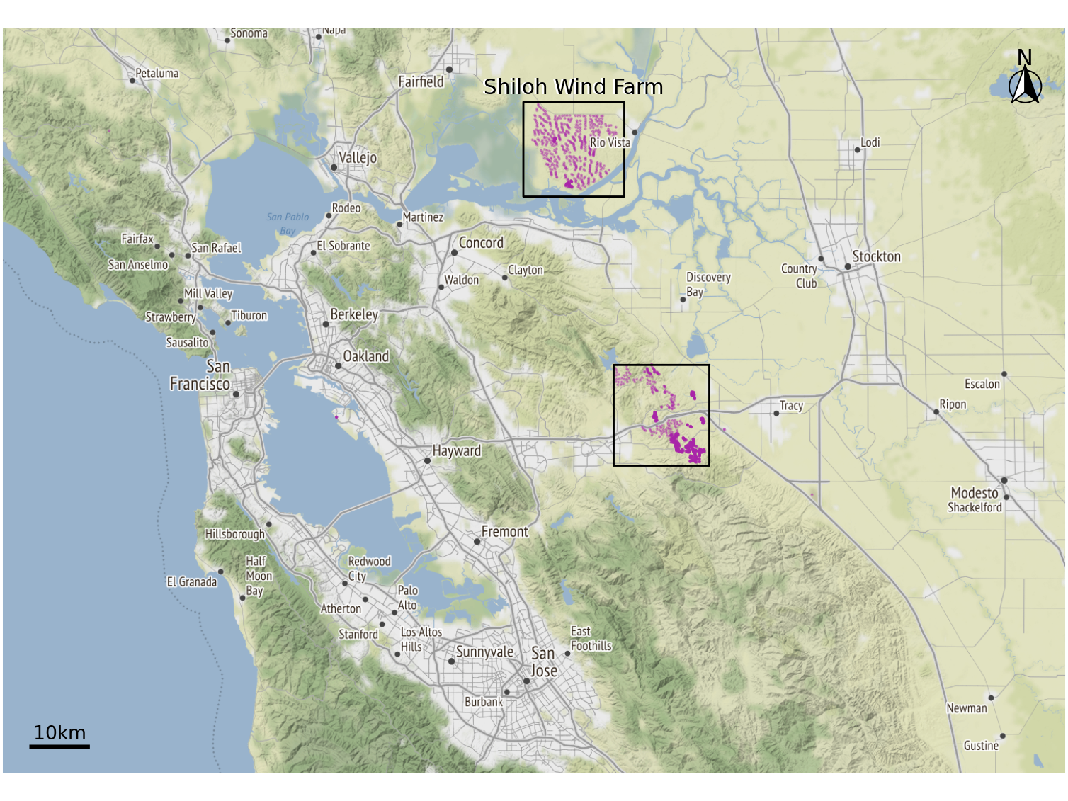 Wind turbines in the San Francisco Bay Area. Individual wind turbines are shown as purple-colored dots. Two regions with a high concentration of wind turbines are highlighted with black rectangles. I refer to the wind turbines near Rio Vista collectively as the Shiloh Wind Farm. Map tiles by Stamen Design, under CC BY 3.0. Map data by OpenStreetMap, under ODbL. Wind turbine data: United States Wind Turbine Database