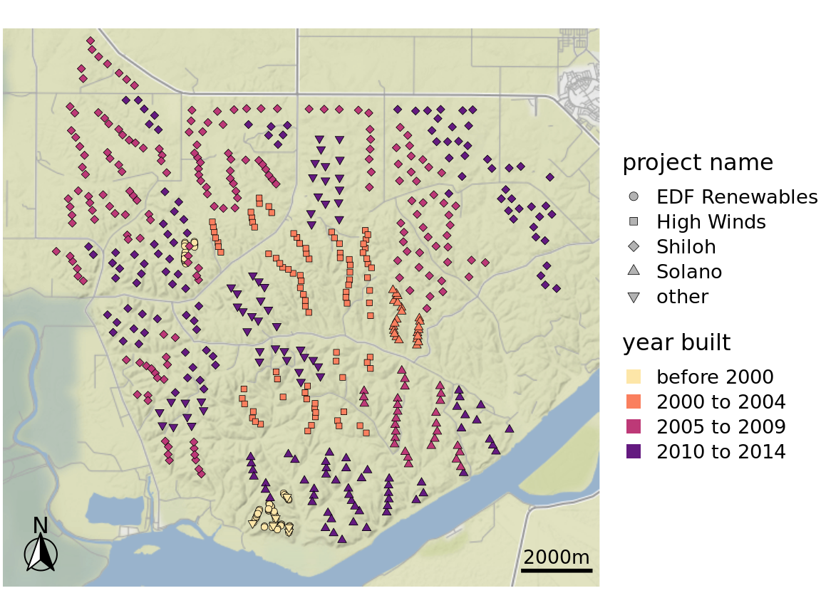 Location of individual wind turbines in the Shiloh Wind Farm. Each dot highlights the location of one wind turbine. The map area corresponds to the rectangle in Figure 15.8. Dots are colored by when the wind turbine was built, and the shape of the dots represents the various projects to which the individual wind turbines belong. Map tiles by Stamen Design, under CC BY 3.0. Map data by OpenStreetMap, under ODbL. Wind turbine data source: United States Wind Turbine Database