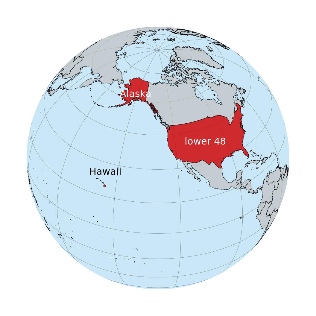 Relative locations of Alaska, Hawaii, and the lower 48 states shown on a globe.