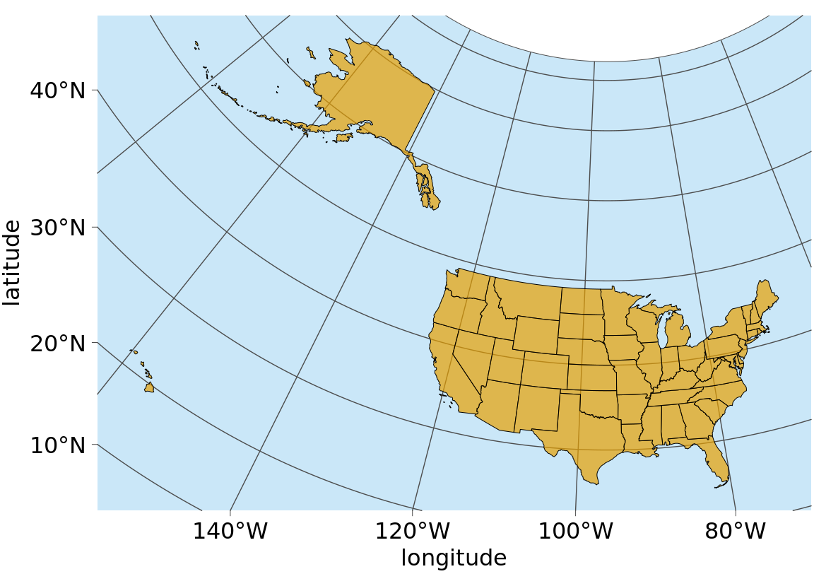 Map of the United States of America, using an area-preserving Albers projection (ESRI:102003, commonly used to project the lower 48 states). Alaska and Hawaii are shown in their true locations.