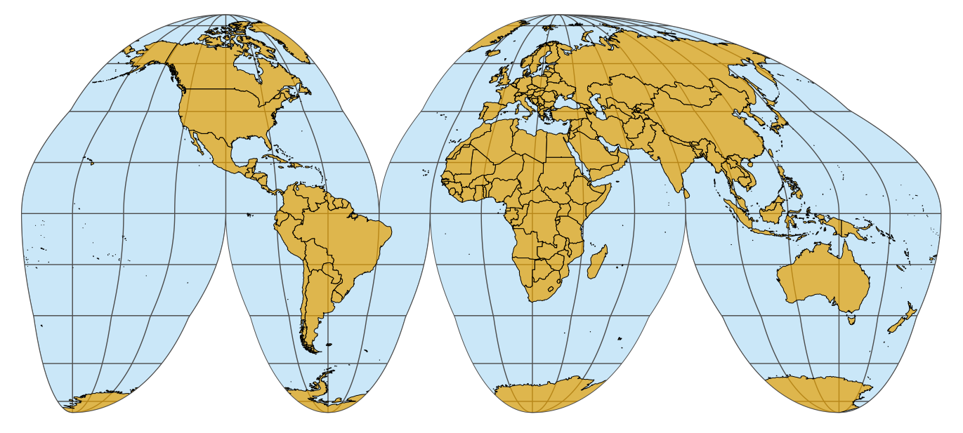 Interrupted Goode homolosine projection of the world. This projection accurately preserves areas while minimizing angular distortions, at the cost of showing oceans and some land masses (Greenland, Antarctica) in a non-contiguous way.
