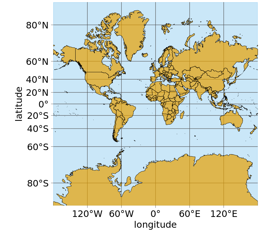 Mercator projection of the world. In this projection, parallels are straight horizontal lines and meridians are straight vertical lines. It is a conformal projection preserving local angles, but it introduces severe distortions in areas near the poles. For example, Greenland appears to be bigger than Africa in this projection, when in reality Africa is fourteen times bigger than Greenland (see Figures 15.1 and 15.3).